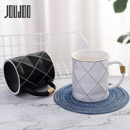 JOUDOO Nordic Golden Black and White Grid Geometry Ceramic Coffee Mug Porcelain Juice Drinking Cup Coffee Milk Tea Cup 35