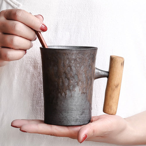 300ml Vintage Crude Ceramic Coffee Mug Tumbler Rust Glaze With Wooden Handgrip Tea Milk Beer Water Cup Home Office Drinkware