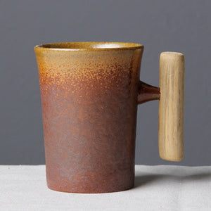 300ml Vintage Crude Ceramic Coffee Mug Tumbler Rust Glaze With Wooden Handgrip Tea Milk Beer Water Cup Home Office Drinkware