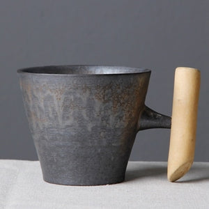 300ml Vintage Crude Ceramic Coffee Mug Tumbler Rust Glaze With Wooden Handgrip Tea Milk Beer Water Cup Home Office Drinkware