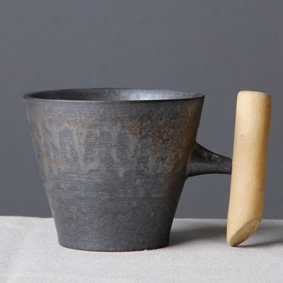 300ml Vintage Crude Ceramic Coffee Mug Tumbler Rust Glaze With Wooden Handgrip Tea Milk Beer Water Cup Home Office Drinkware