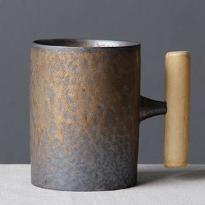 300ml Vintage Crude Ceramic Coffee Mug Tumbler Rust Glaze With Wooden Handgrip Tea Milk Beer Water Cup Home Office Drinkware