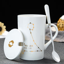 Load image into Gallery viewer, 12 Constellations Creative Ceramic Mugs with Spoon Lid Black and Gold Porcelain Zodiac Milk Coffee Cup 420ML Water Drinkware