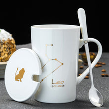 Load image into Gallery viewer, 12 Constellations Creative Ceramic Mugs with Spoon Lid Black and Gold Porcelain Zodiac Milk Coffee Cup 420ML Water Drinkware