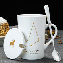 Load image into Gallery viewer, 12 Constellations Creative Ceramic Mugs with Spoon Lid Black and Gold Porcelain Zodiac Milk Coffee Cup 420ML Water Drinkware