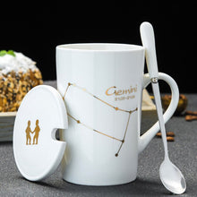 Load image into Gallery viewer, 12 Constellations Creative Ceramic Mugs with Spoon Lid Black and Gold Porcelain Zodiac Milk Coffee Cup 420ML Water Drinkware