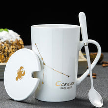 Load image into Gallery viewer, 12 Constellations Creative Ceramic Mugs with Spoon Lid Black and Gold Porcelain Zodiac Milk Coffee Cup 420ML Water Drinkware