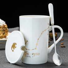 Load image into Gallery viewer, 12 Constellations Creative Ceramic Mugs with Spoon Lid Black and Gold Porcelain Zodiac Milk Coffee Cup 420ML Water Drinkware