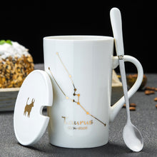 Load image into Gallery viewer, 12 Constellations Creative Ceramic Mugs with Spoon Lid Black and Gold Porcelain Zodiac Milk Coffee Cup 420ML Water Drinkware