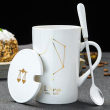 Load image into Gallery viewer, 12 Constellations Creative Ceramic Mugs with Spoon Lid Black and Gold Porcelain Zodiac Milk Coffee Cup 420ML Water Drinkware