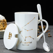 Load image into Gallery viewer, 12 Constellations Creative Ceramic Mugs with Spoon Lid Black and Gold Porcelain Zodiac Milk Coffee Cup 420ML Water Drinkware