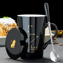 Load image into Gallery viewer, 12 Constellations Creative Ceramic Mugs with Spoon Lid Black and Gold Porcelain Zodiac Milk Coffee Cup 420ML Water Drinkware
