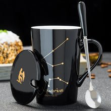 Load image into Gallery viewer, 12 Constellations Creative Ceramic Mugs with Spoon Lid Black and Gold Porcelain Zodiac Milk Coffee Cup 420ML Water Drinkware