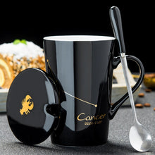 Load image into Gallery viewer, 12 Constellations Creative Ceramic Mugs with Spoon Lid Black and Gold Porcelain Zodiac Milk Coffee Cup 420ML Water Drinkware
