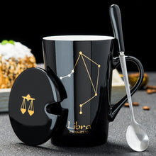 Load image into Gallery viewer, 12 Constellations Creative Ceramic Mugs with Spoon Lid Black and Gold Porcelain Zodiac Milk Coffee Cup 420ML Water Drinkware