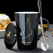 Load image into Gallery viewer, 12 Constellations Creative Ceramic Mugs with Spoon Lid Black and Gold Porcelain Zodiac Milk Coffee Cup 420ML Water Drinkware