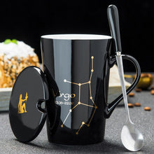 Load image into Gallery viewer, 12 Constellations Creative Ceramic Mugs with Spoon Lid Black and Gold Porcelain Zodiac Milk Coffee Cup 420ML Water Drinkware