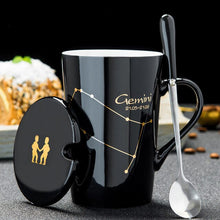 Load image into Gallery viewer, 12 Constellations Creative Ceramic Mugs with Spoon Lid Black and Gold Porcelain Zodiac Milk Coffee Cup 420ML Water Drinkware