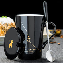 Load image into Gallery viewer, 12 Constellations Creative Ceramic Mugs with Spoon Lid Black and Gold Porcelain Zodiac Milk Coffee Cup 420ML Water Drinkware
