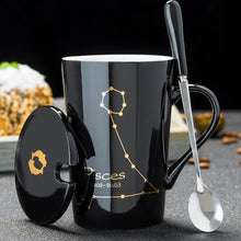 Load image into Gallery viewer, 12 Constellations Creative Ceramic Mugs with Spoon Lid Black and Gold Porcelain Zodiac Milk Coffee Cup 420ML Water Drinkware