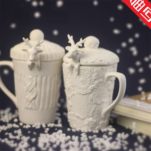Christmas Mugs 3D Amimal Couples Cups with Lid Cute Milu Deer Coffee Cup Milk Cups Snow Ceramic Mug Breakfast Cup Creative