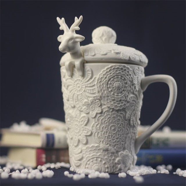 Christmas Mugs 3D Amimal Couples Cups with Lid Cute Milu Deer Coffee Cup Milk Cups Snow Ceramic Mug Breakfast Cup Creative